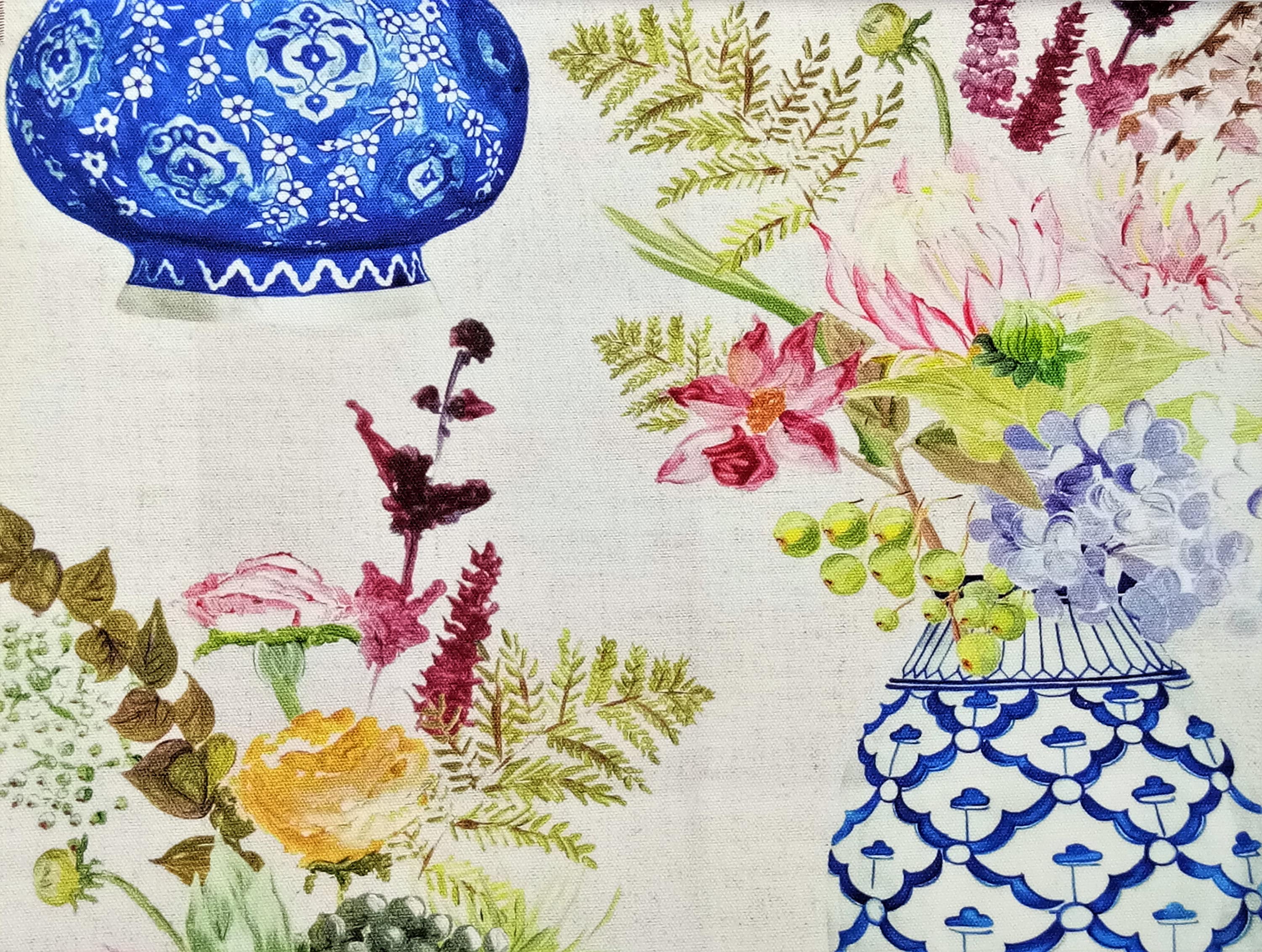 Cobalt Blue Flower Vase Cotton Fabric By The Yard