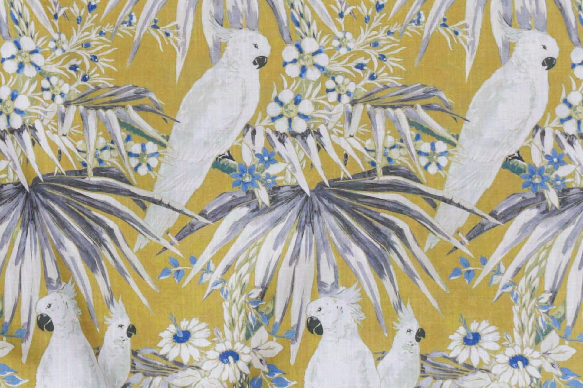 White Parrots Cotton Fabric By The Yard
