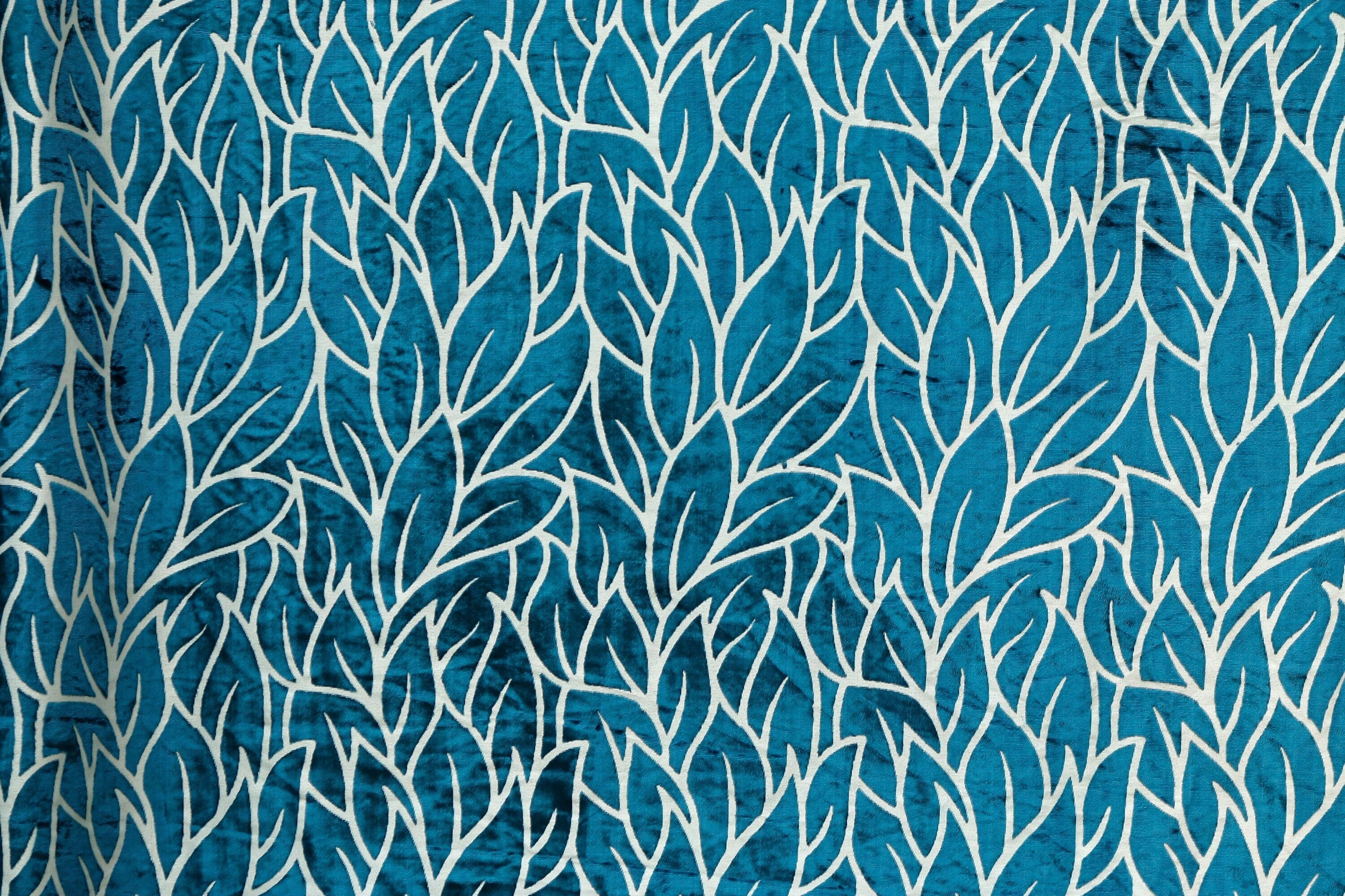 Teal Blue Leaves Velvet Fabric By The Yard