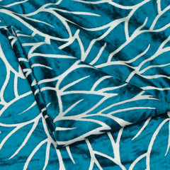 Teal Blue Leaves Velvet Fabric By The Yard