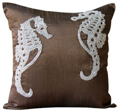 Ivory Sea Horse Beaded Throw Pillow Cover