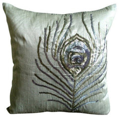 Green Peacock Feather - Green Art Silk Throw Pillow Cover