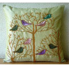 Pigeon Love - Lime Green Art Silk Throw Pillow Cover