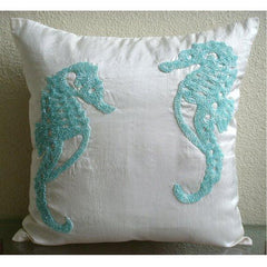 Sea Horse Aqua - White Art Silk Decorative Euro Sham