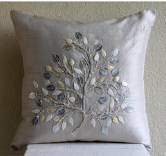 Silver Leaf - Silver Beige Art Silk Throw Pillow Cover