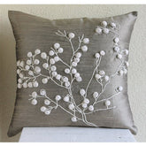 Snow Flowers - Gray Art Silk Throw Pillow Cover