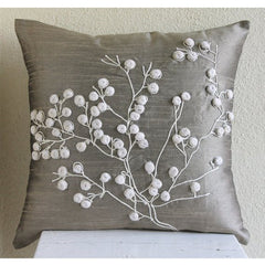 Snow Flowers - Gray Art Silk Throw Pillow Cover