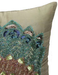 Taupe Green Peacock - Taupe Green Art Silk Throw Pillow Cover