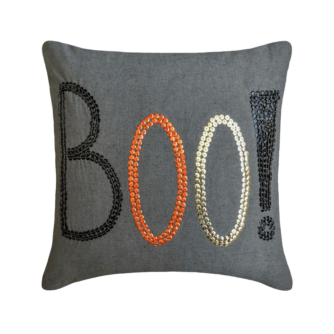 Halloween throw pillow cover with 'BOO!' embroidered in black, orange, and gold sequins on a charcoal grey cotton linen fabric.
