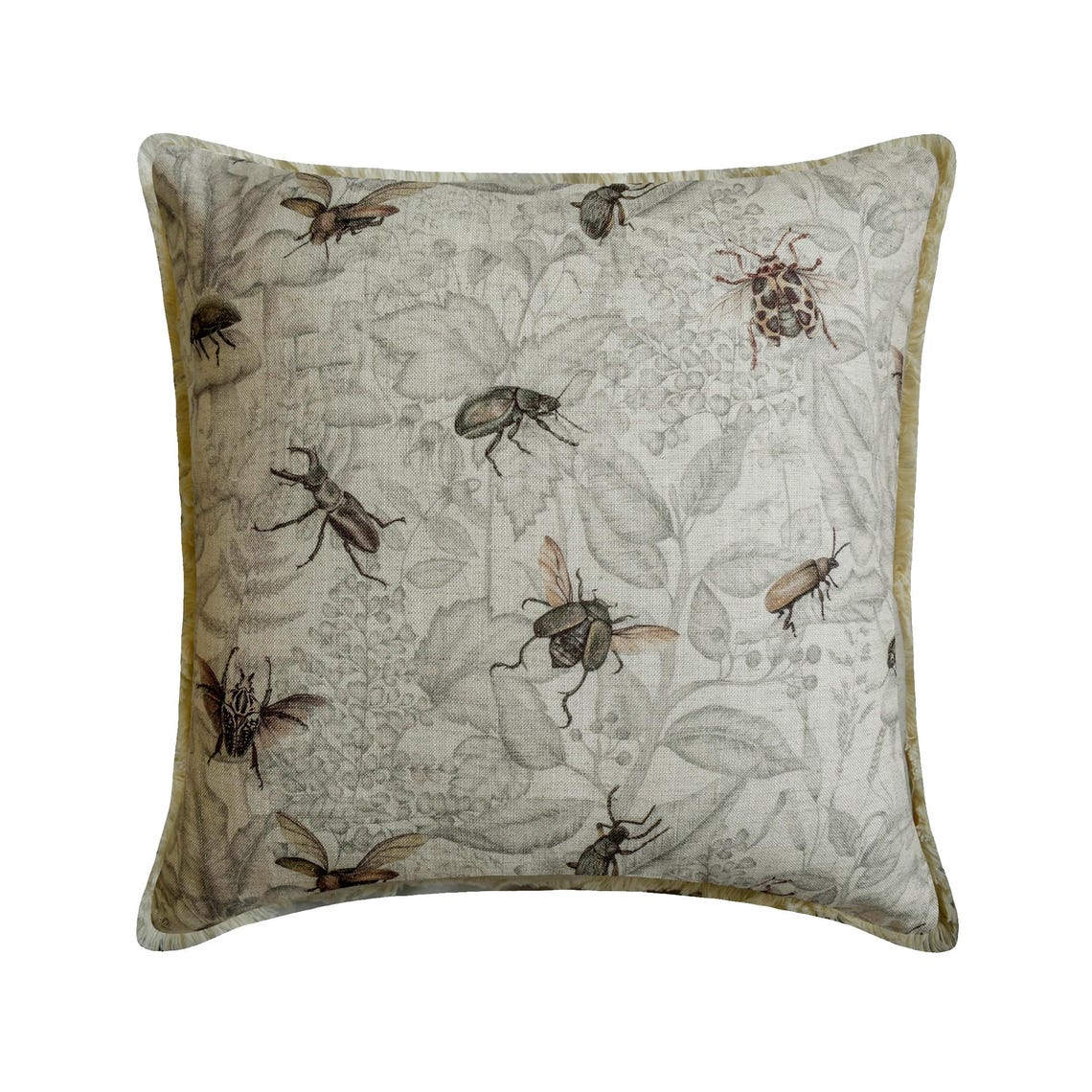Decorative pillow with a vintage insect design, including bees, beetles, and flies, on neutral-colored fabric with a contrasting trim.
