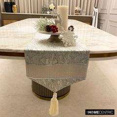 Leather Luminance - Silver Faux Leather & Jacquard Decorative Table Runner