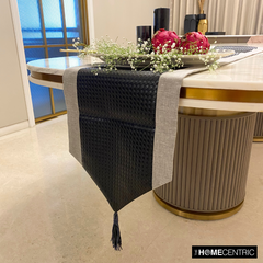 Black Leathersmith - Black Faux Leather & Linen Decorative Table Runner
