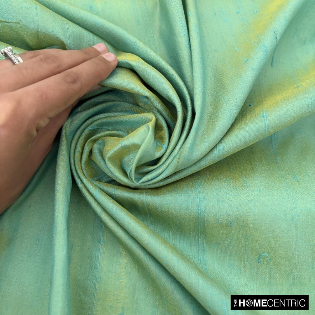 Sea Blue, Gold Silk Dupioni Fabric By The Yard