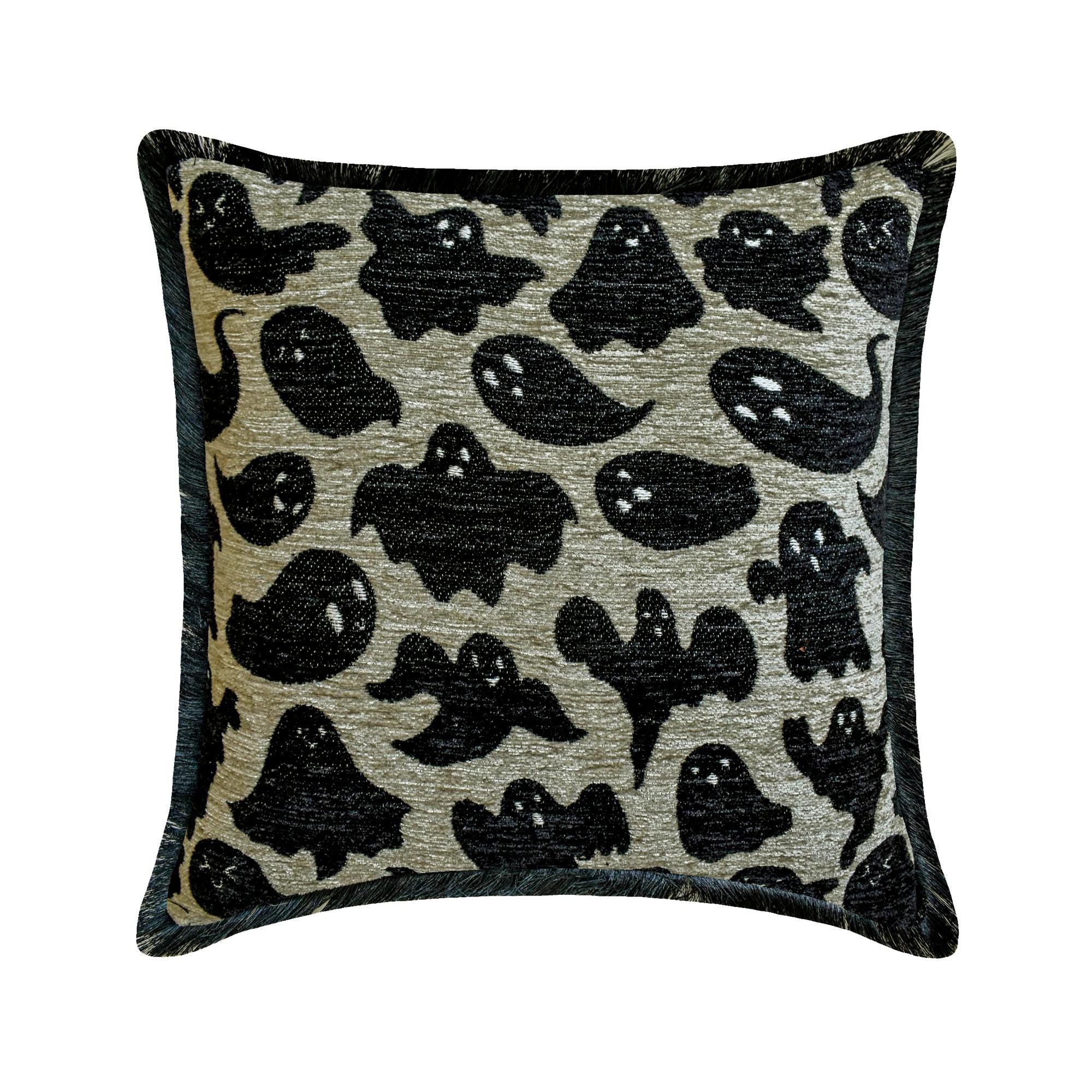 Halloween decorative throw pillow cover with spooky ghost design on a neutral jacquard fabric, finished with black lace border. 