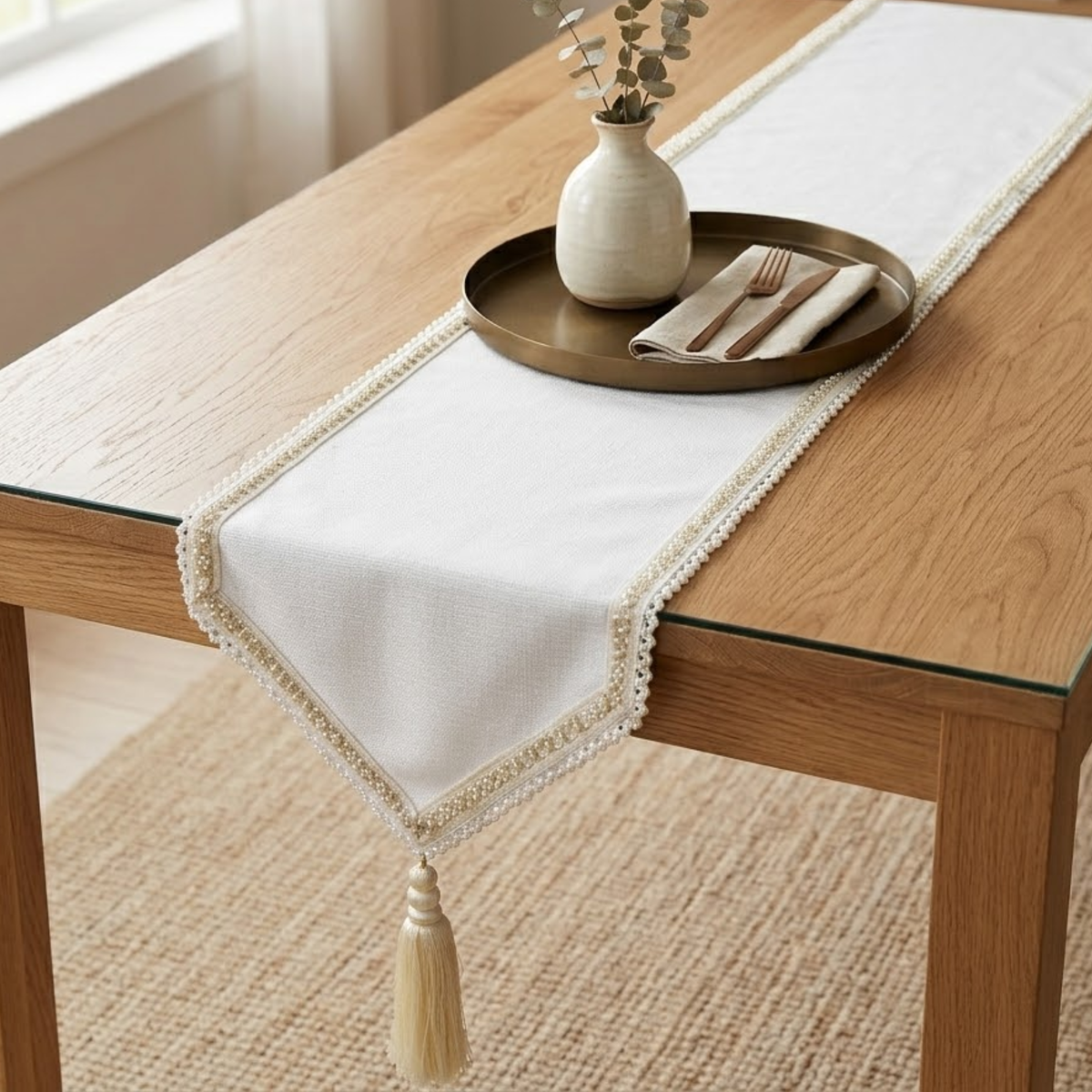 Pearl Radiance - Ivory Jute Decorative Table Runner