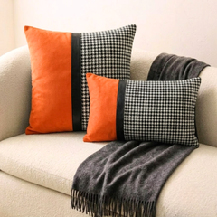 Orange & Black Jacquard & Faux Leather Decorative Throw Pillow Cover - Dark Houndstooth