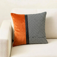 Orange & Black Jacquard & Faux Leather Decorative Throw Pillow Cover - Dark Houndstooth