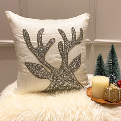 White & Silver Silk  Decorative Throw Pillow Cover - Sequined Antlers