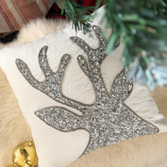 White & Silver Silk  Decorative Throw Pillow Cover - Sequined Antlers