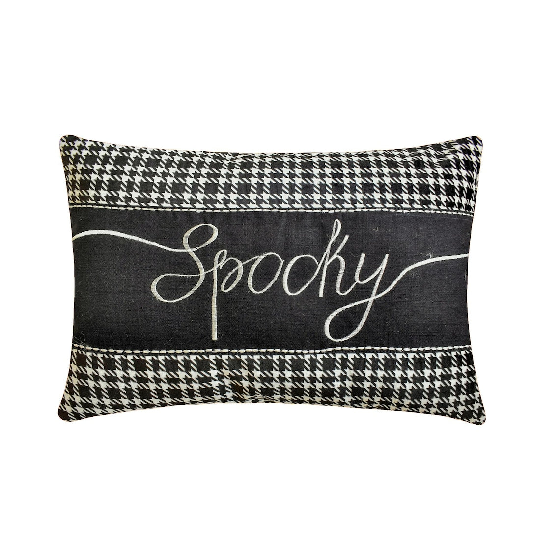 Simple yet spooky Halloween throw pillow with the word 'Spooky' in white script against a black and white houndstooth pattern, perfect for Halloween home decor.