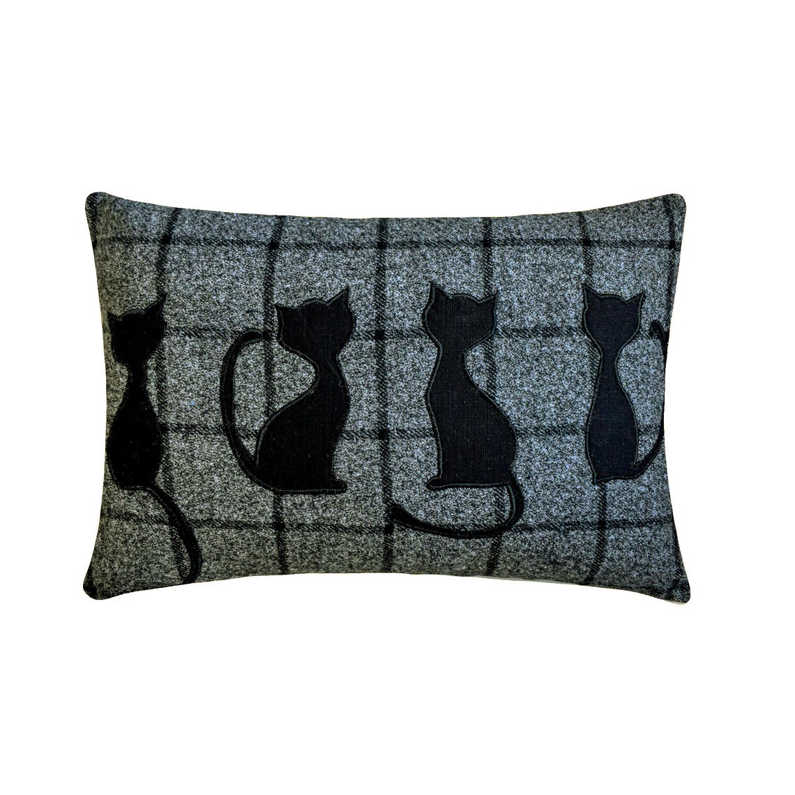 Plaid pillow with black cat designs, perfect for Halloween home decoration