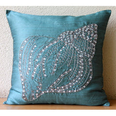 Crystal Sea Shell - Teal Blue Art Silk Throw Pillow Cover