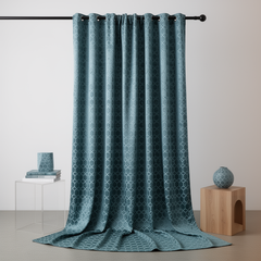 Teal N Silver Hexagon Jacquard Quilt Look Curtain Panels