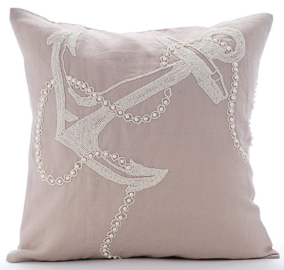 Pearl Anchor - Mocha Cotton Linen Throw Pillow Cover