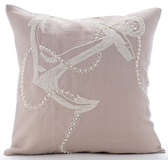 Pearl Anchor - Mocha Cotton Linen Throw Pillow Cover