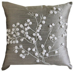 Snow Flowers - Gray Art Silk Throw Pillow Cover