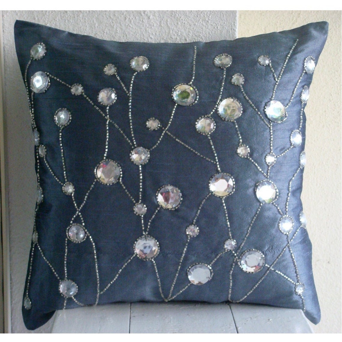 Dew Drop Diamond Blue Silk Throw Pillow Cover