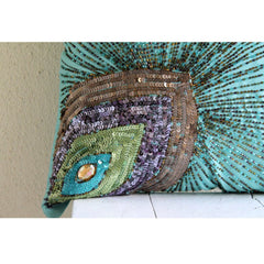 Peacock Grace - Aqua Blue Art Silk Throw Pillow Cover