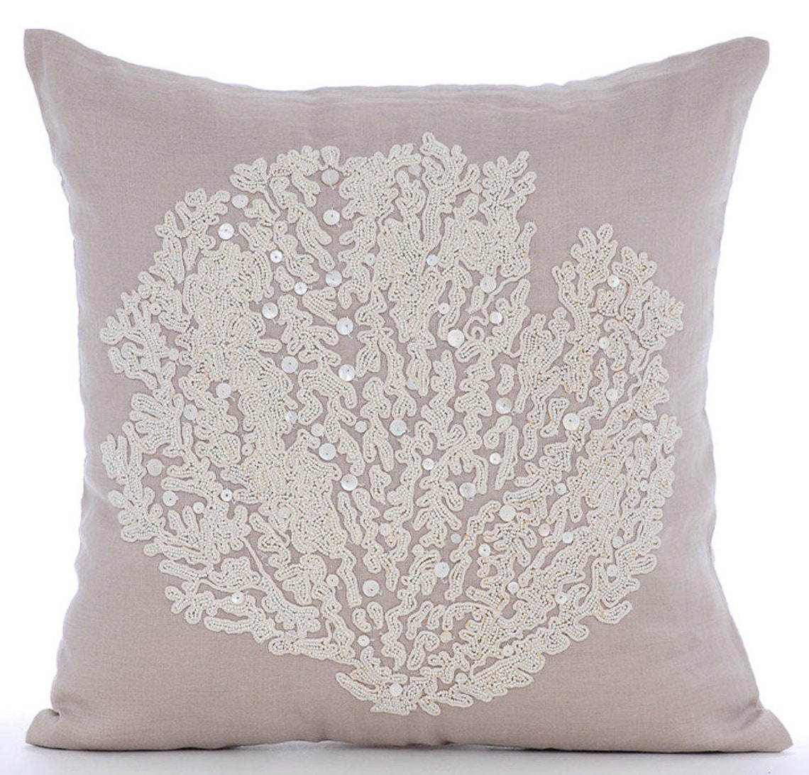Pearl Weeds - Mocha Cotton Linen Throw Pillow Cover