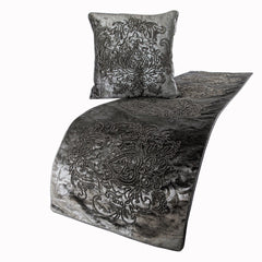 Foil Damask - Velvet Grey, Silver Decorative Bed Runner and Pillow Cover