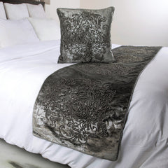 Foil Damask - Velvet Grey, Silver Decorative Bed Runner and Pillow Cover