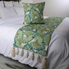 Tropical Feeling - Linen Green, Blue Decorative Bed Runner and Pillow Cover