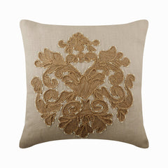 Jutty Damask - Beige Linen Throw Pillow Cover