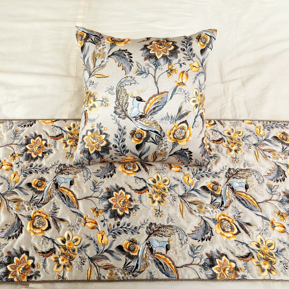 Peacock Swag - Satin Grey & Yellow Decorative Bed Runner and Pillow Cover