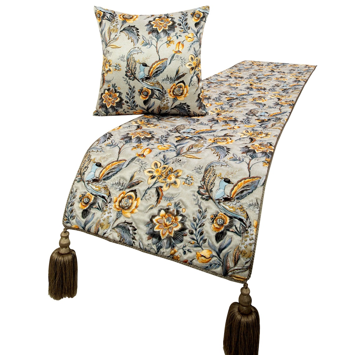Peacock Swag - Satin Grey & Yellow Decorative Bed Runner and Pillow Cover