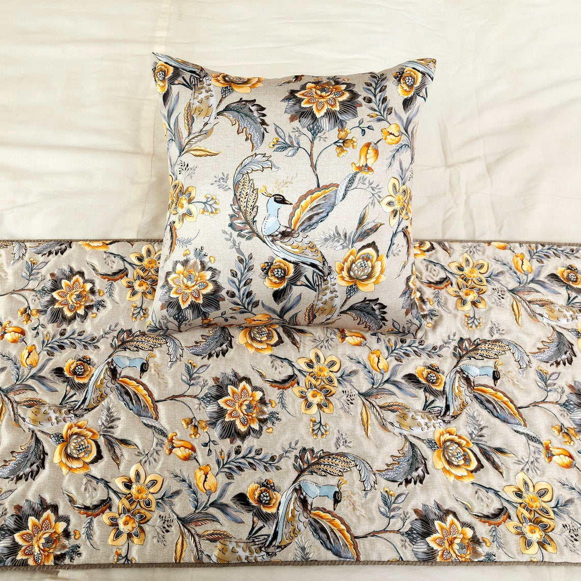 Peacock Swag - Satin Grey & Yellow Decorative Bed Runner and Pillow Cover
