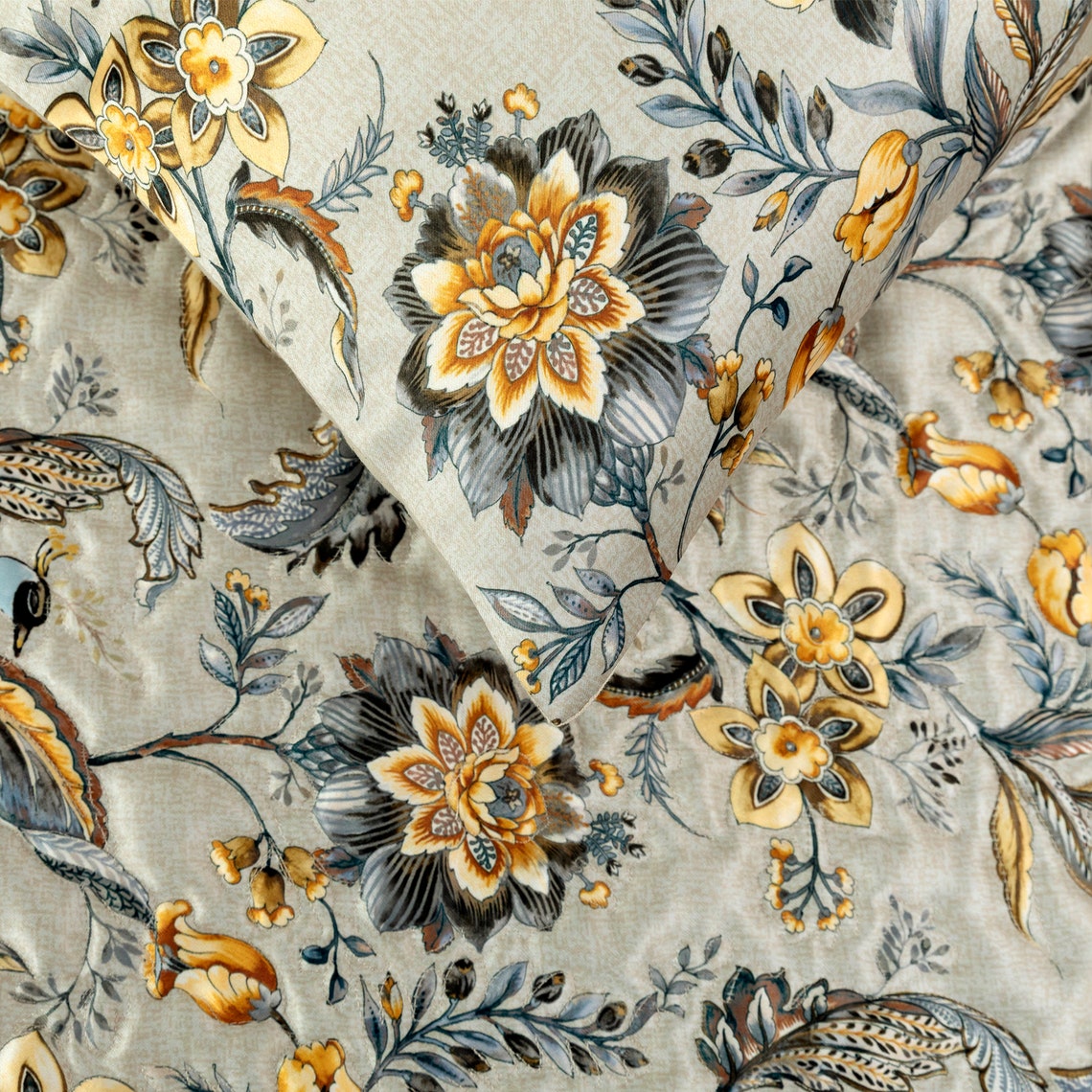 Peacock Swag - Satin Grey & Yellow Decorative Bed Runner and Pillow Cover