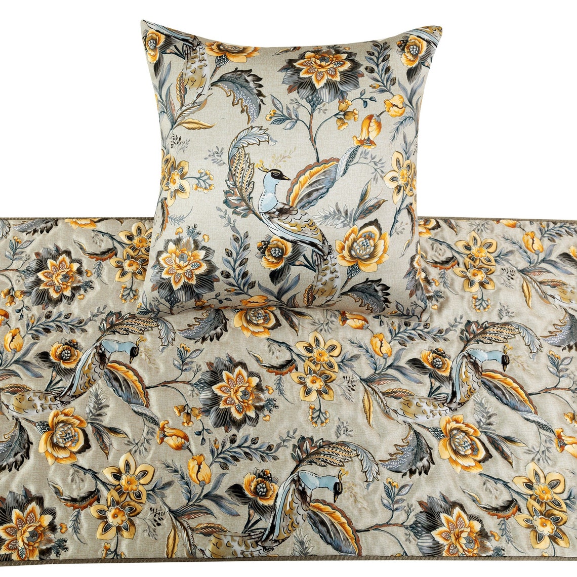 Peacock Swag - Satin Grey & Yellow Decorative Bed Runner and Pillow Cover