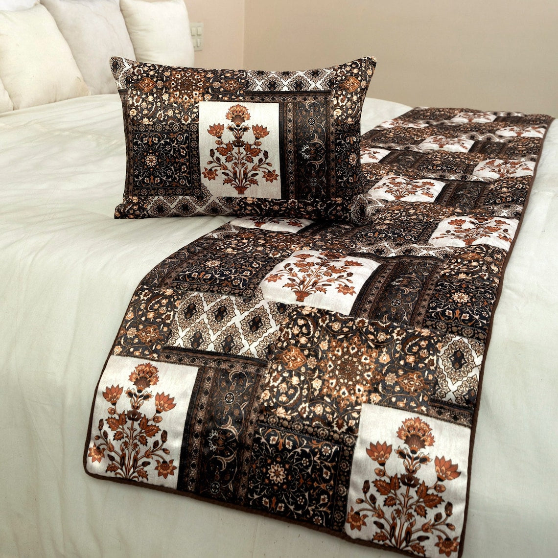 Parisa - Satin Brown Decorative Bed Runner and Pillow Cover