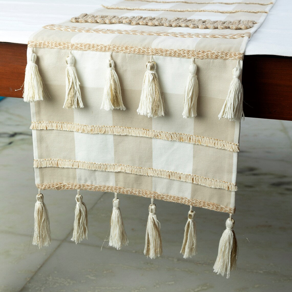 Beige buffalo check table runner in 16x90 inch size for extra-wide dining tables