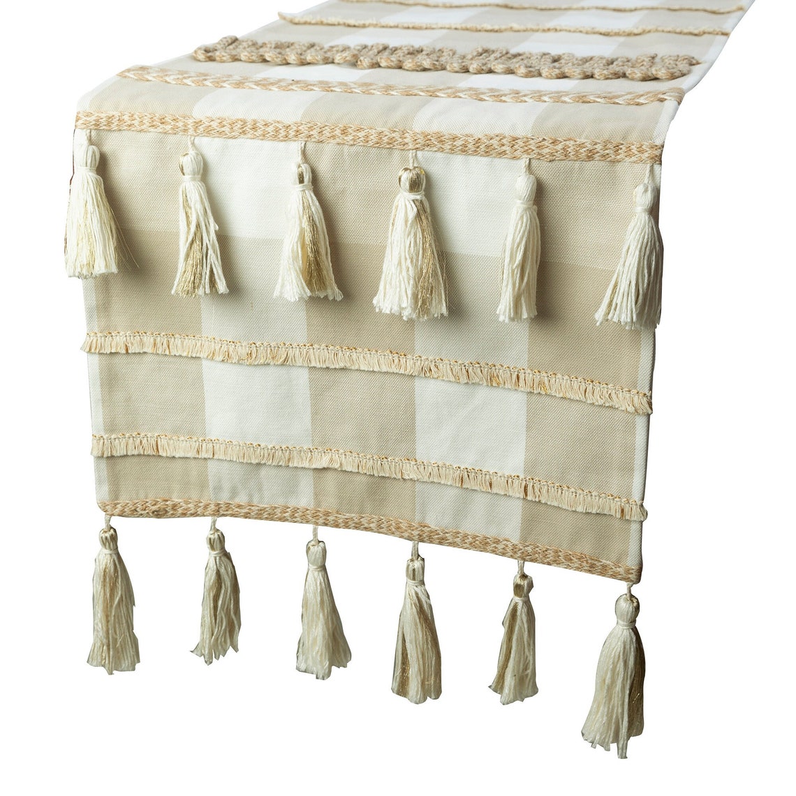 Buffalo check beige cotton table runner with tassel and jute trim on a farmhouse dining table