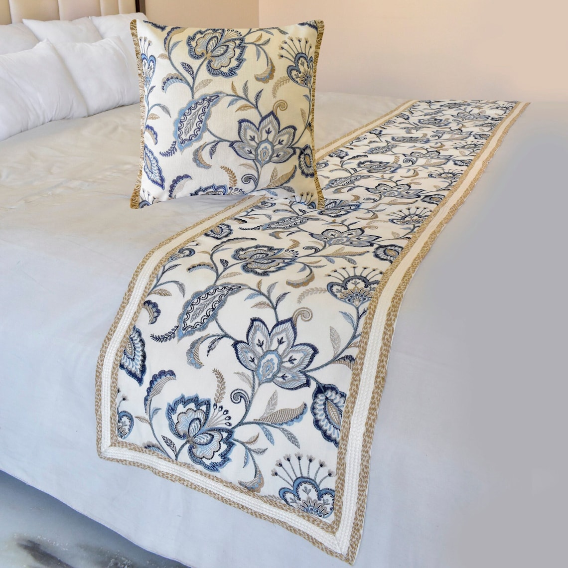 Morning Glories - Cotton Blue Decorative Bed Runner and Pillow Cover