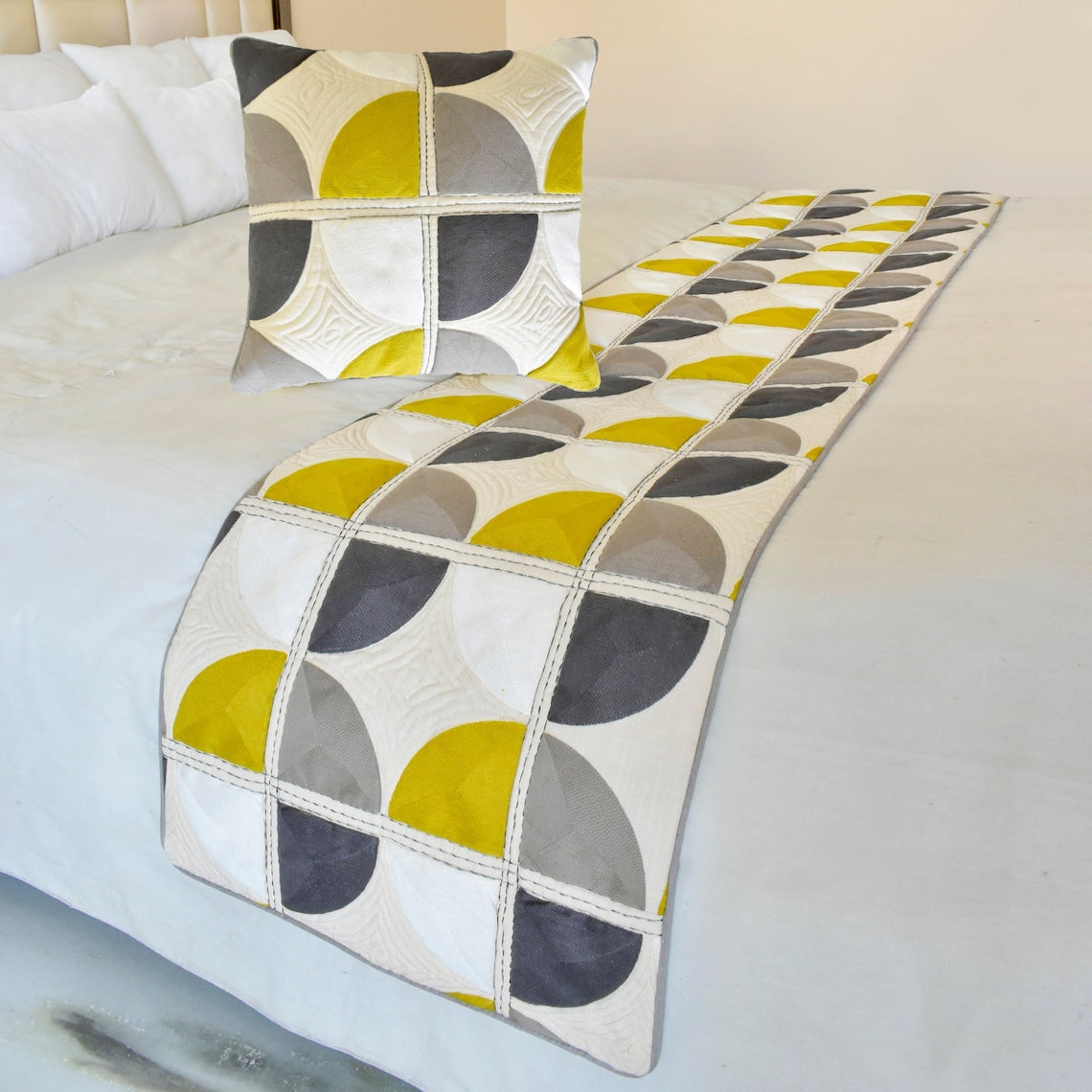 Geo Fusion - Cotton Yellow & Grey Decorative Bed Runner and Pillow Cover