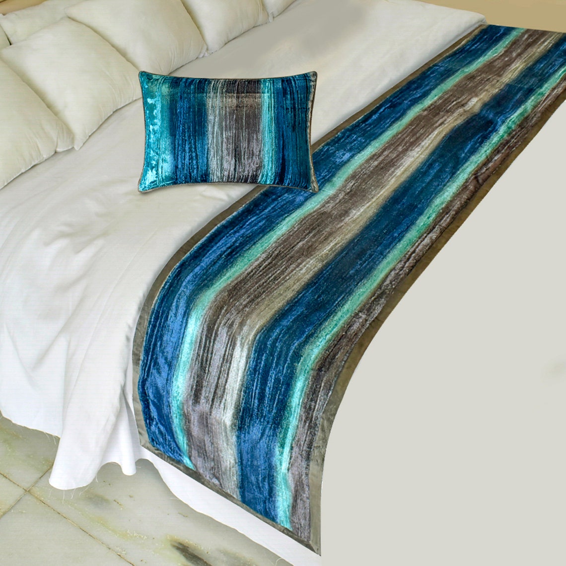 Cerulean Ombre Decorative Bed Runner and Pillow Cover