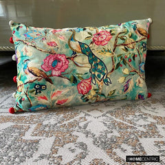 Maurya Paradise - Turquoise Cotton Lumbar Pillow Cover