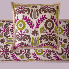 Folk Floral - Cotton Chartreuse & Berry Decorative Bed Runner and Pillow Cover